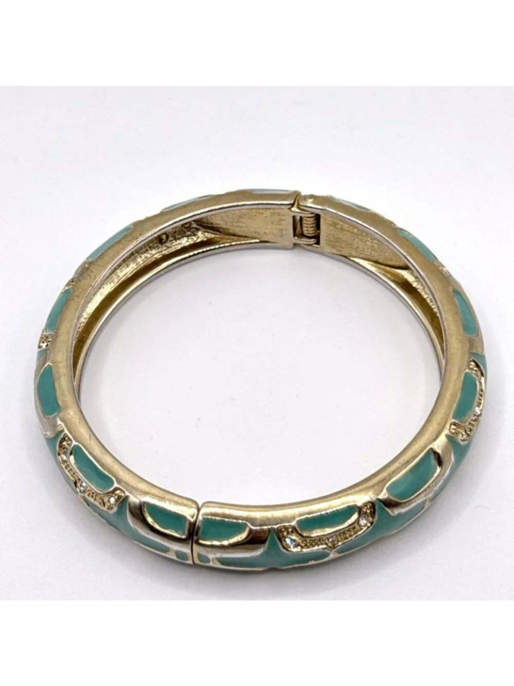 Teal Green Bangle Bracelet Gold Tone Rhinestones Enamel Hinged Clamper 7